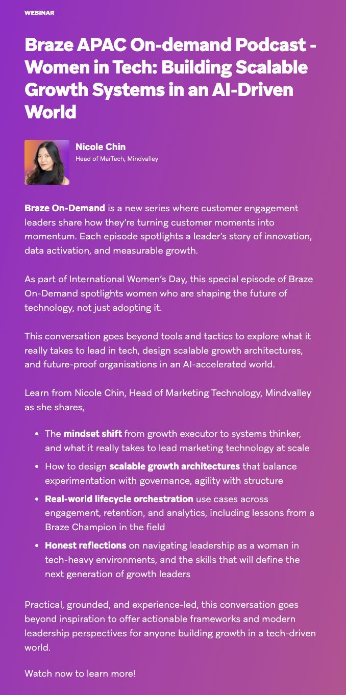 Braze webinar listing for the Women in Tech episode with Nicole Chin