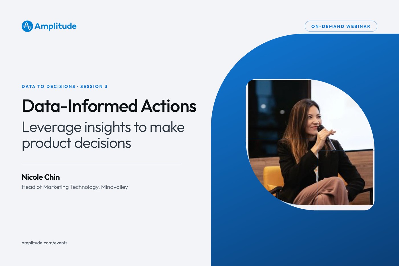 Nicole Chin&rsquo;s speaker poster for the Amplitude on-demand webinar Data-Informed Actions: Leverage insights to make product decisions, session 3 of the Data to Decisions series
