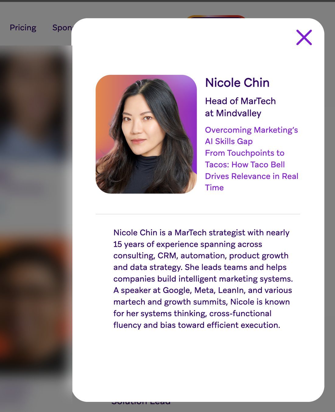 Nicole Chin&rsquo;s Braze Forge speaker card for the session Overcoming Marketing&rsquo;s AI Skills Gap