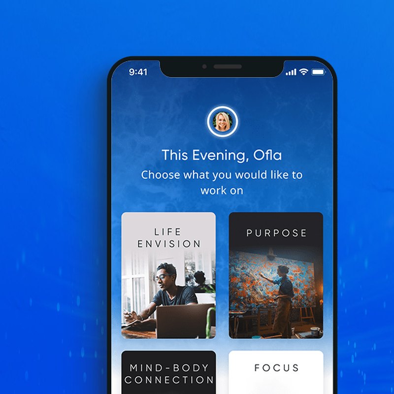 Omvana home screen asking what you would like to work on this evening, with life envision, purpose, mind-body connection and focus