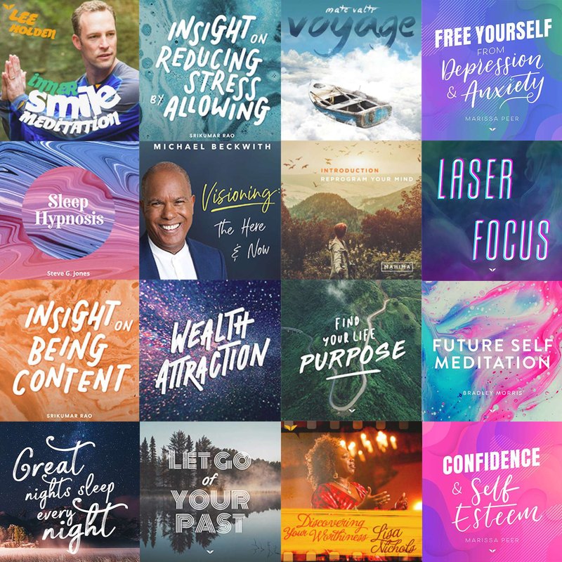 A grid of Omvana meditation covers, from Sleep Hypnosis to Confidence and Self-Esteem