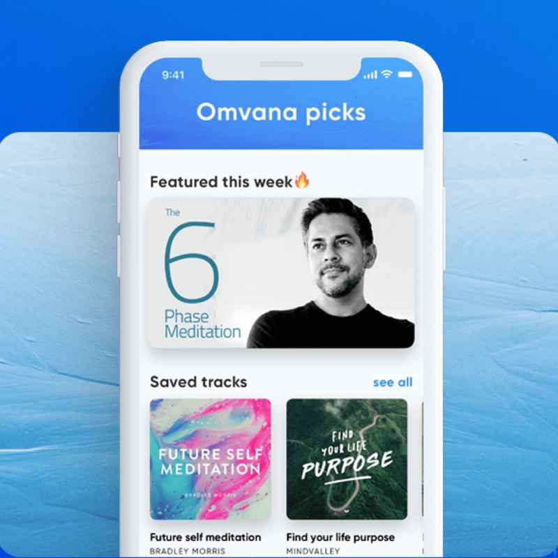 Omvana picks screen featuring 6 Phase Meditation and saved tracks