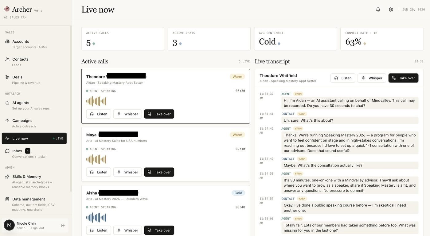 Archer live-now screen with active calls, sentiment and a live call transcript
