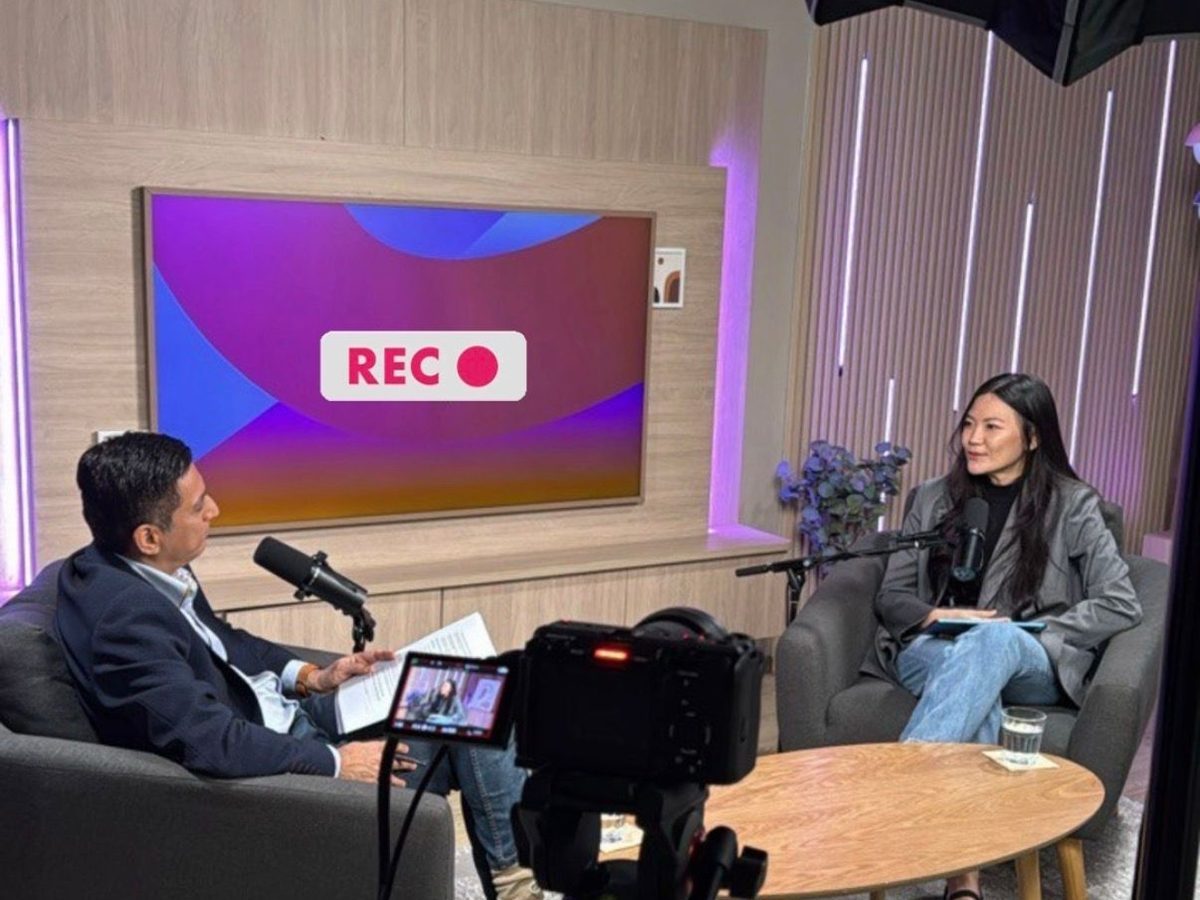 Podcast recording studio set-up for the Braze APAC Women in Tech episode