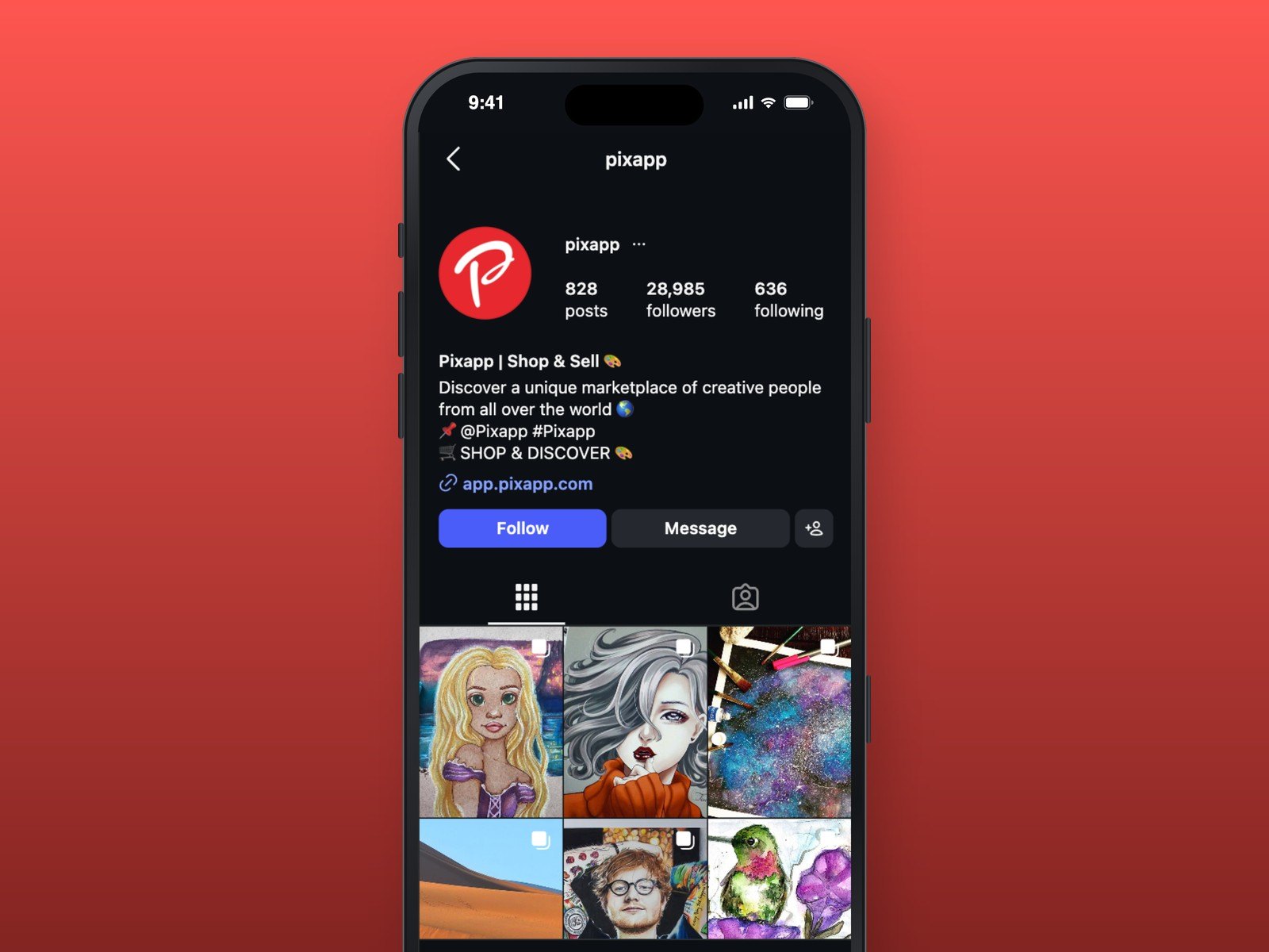 Pixapp&rsquo;s Instagram profile on an iPhone, with artists&rsquo; work filling the grid